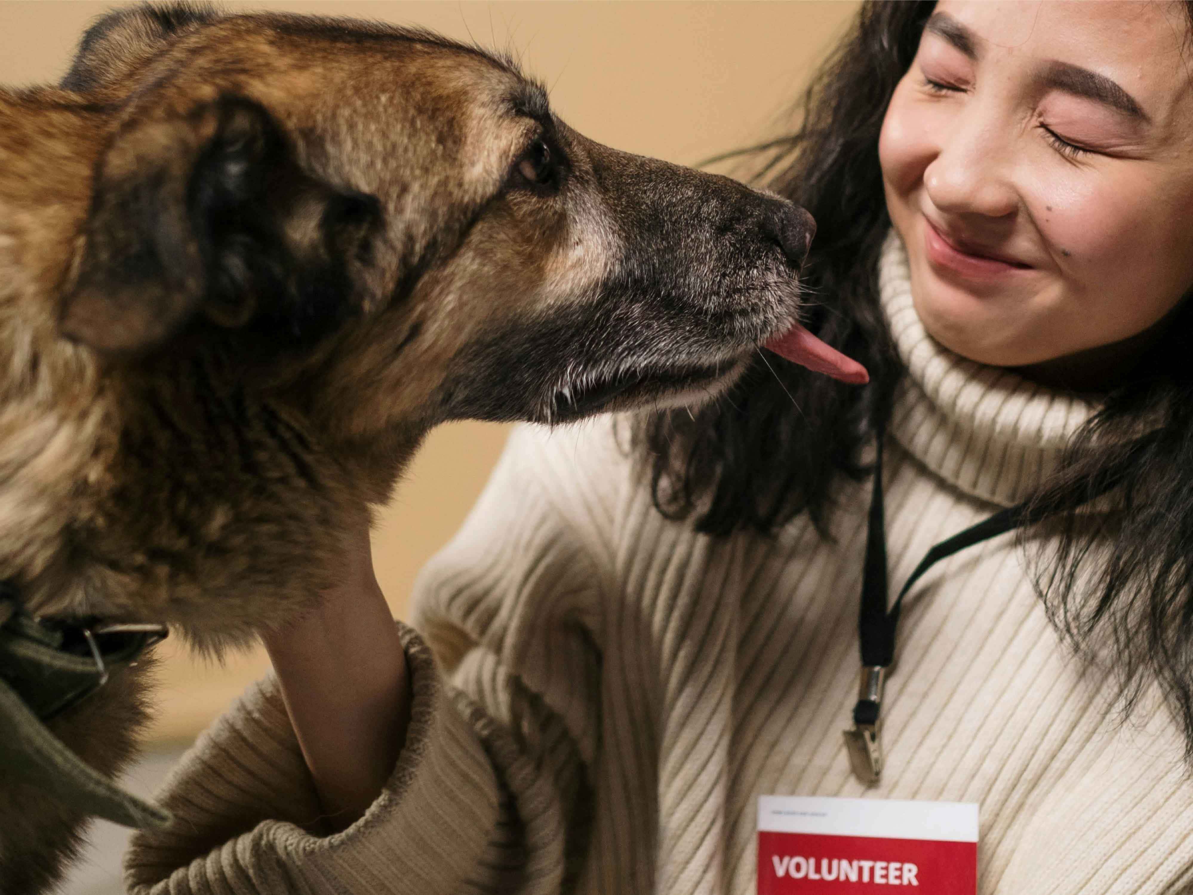 woman petting dog